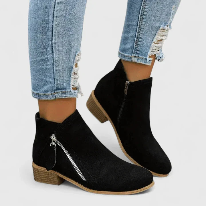 Women's ankle boots with side zippers and low block heels