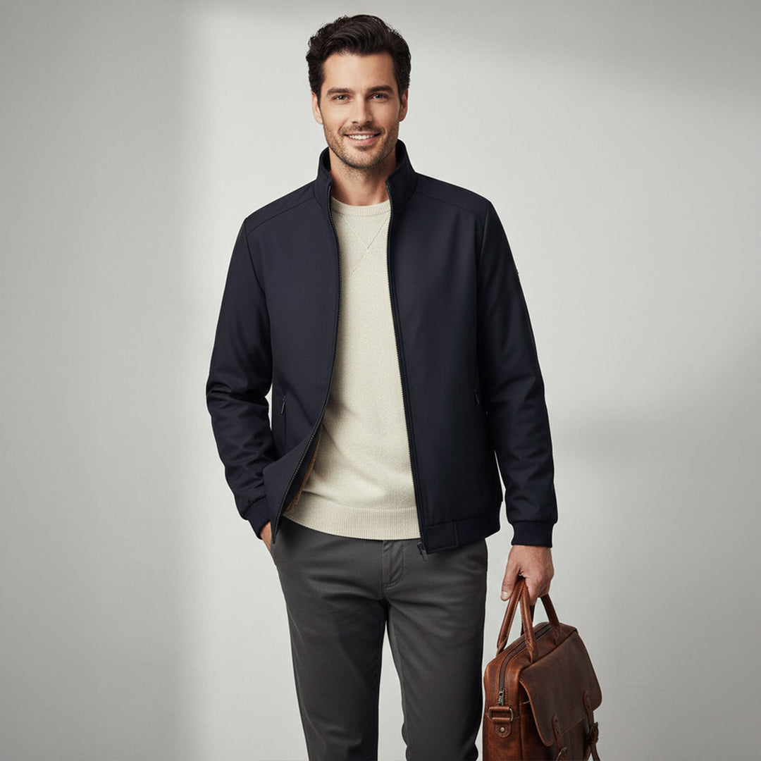 Men's fleece-lined jacket with stand collar and front zipper