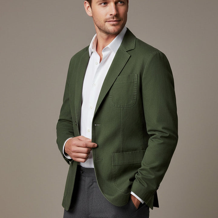 Men's blazer-style jacket with notched lapels and patch pockets