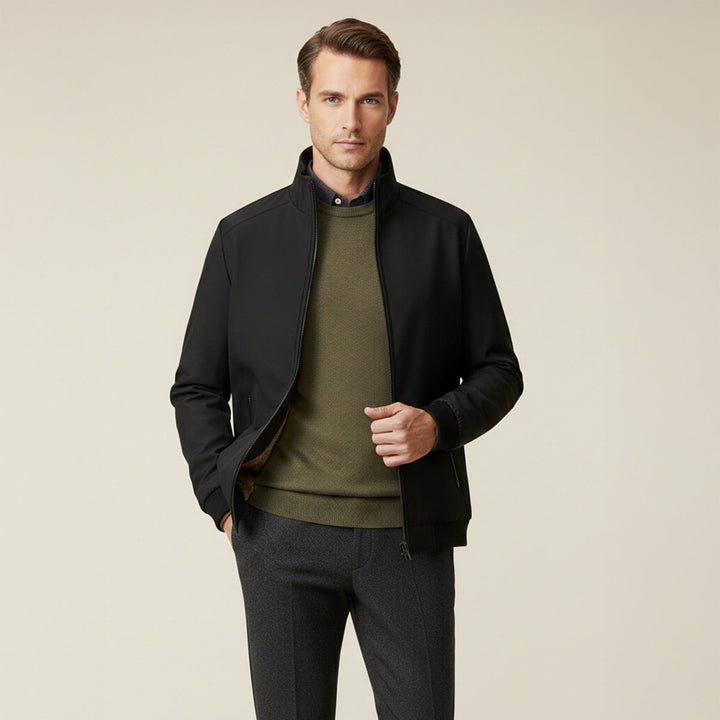 Men's fleece-lined jacket with stand collar and front zipper