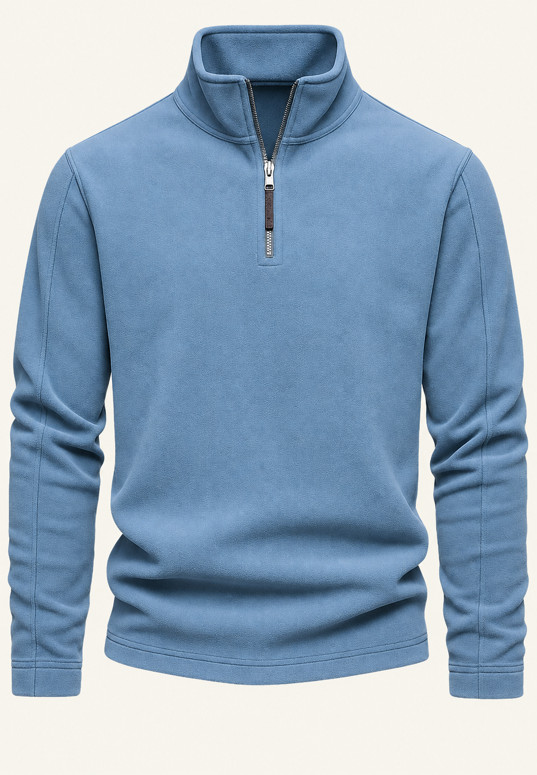 Men's long-sleeve half-zip sweatshirt with a stand collar and subtle textured finish
