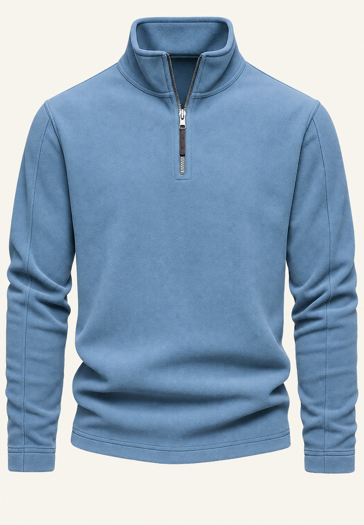 Men's long-sleeve half-zip sweatshirt with a stand collar and subtle textured finish