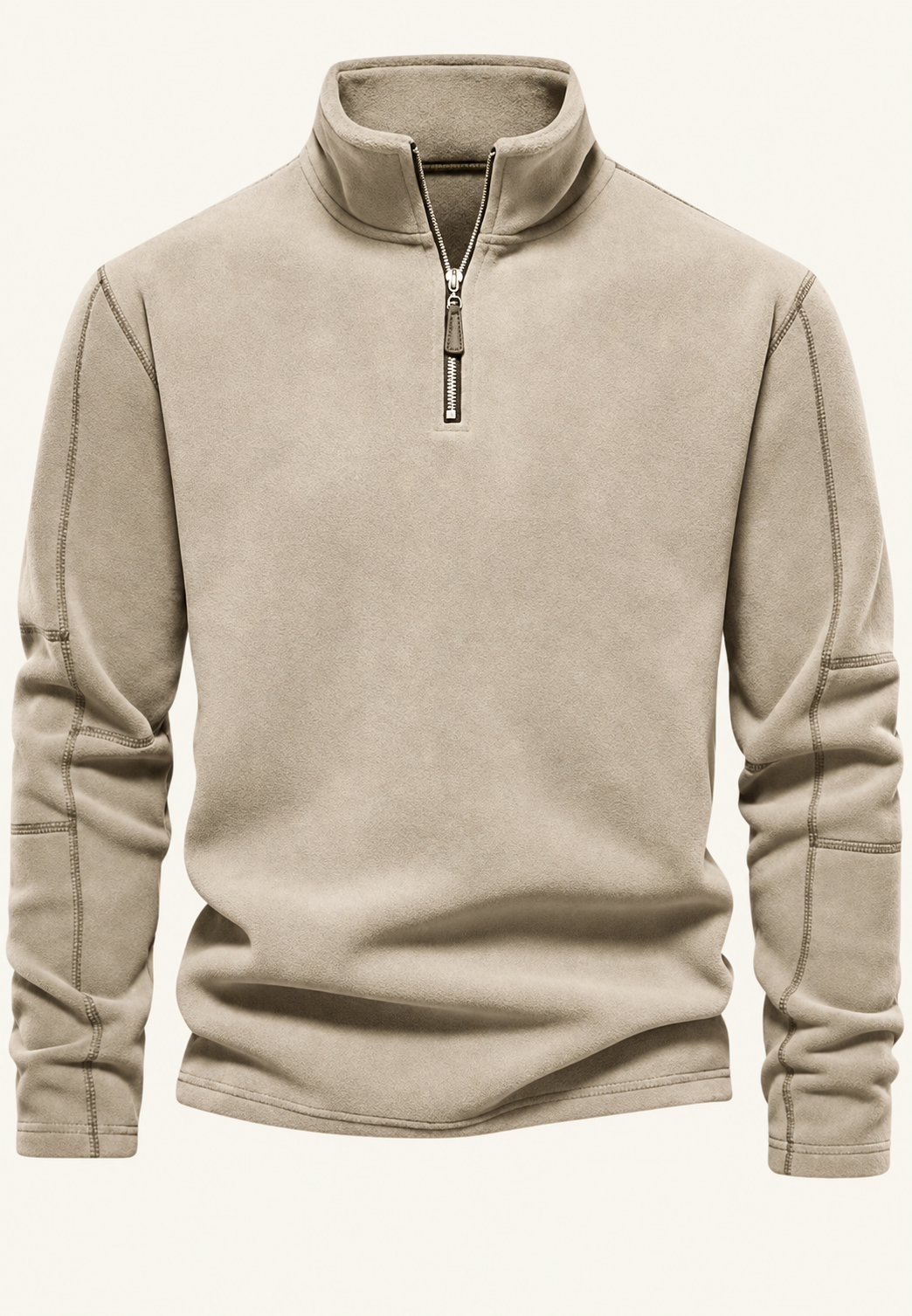 Men's long-sleeve half-zip sweatshirt with a stand collar and subtle textured finish