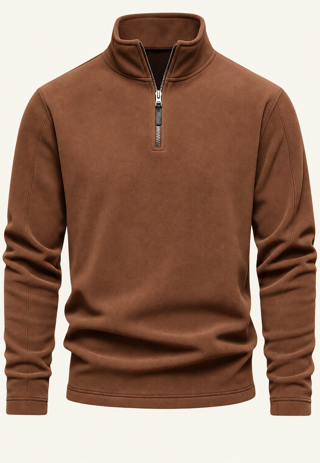Men's long-sleeve half-zip sweatshirt with a stand collar and subtle textured finish