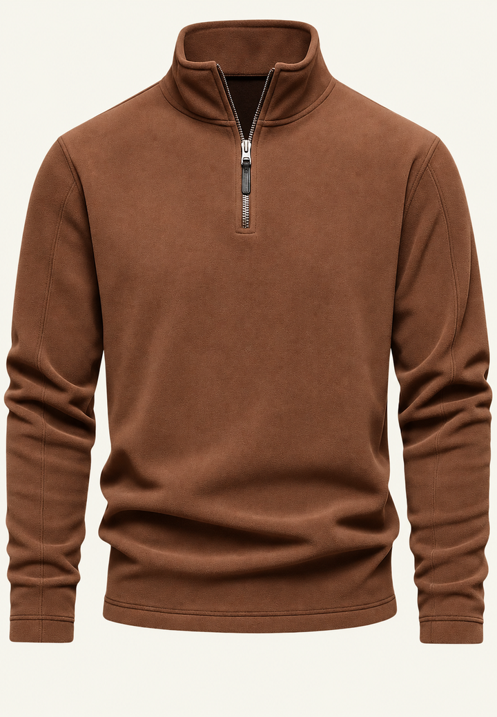 Men's long-sleeve half-zip sweatshirt with a stand collar and subtle textured finish