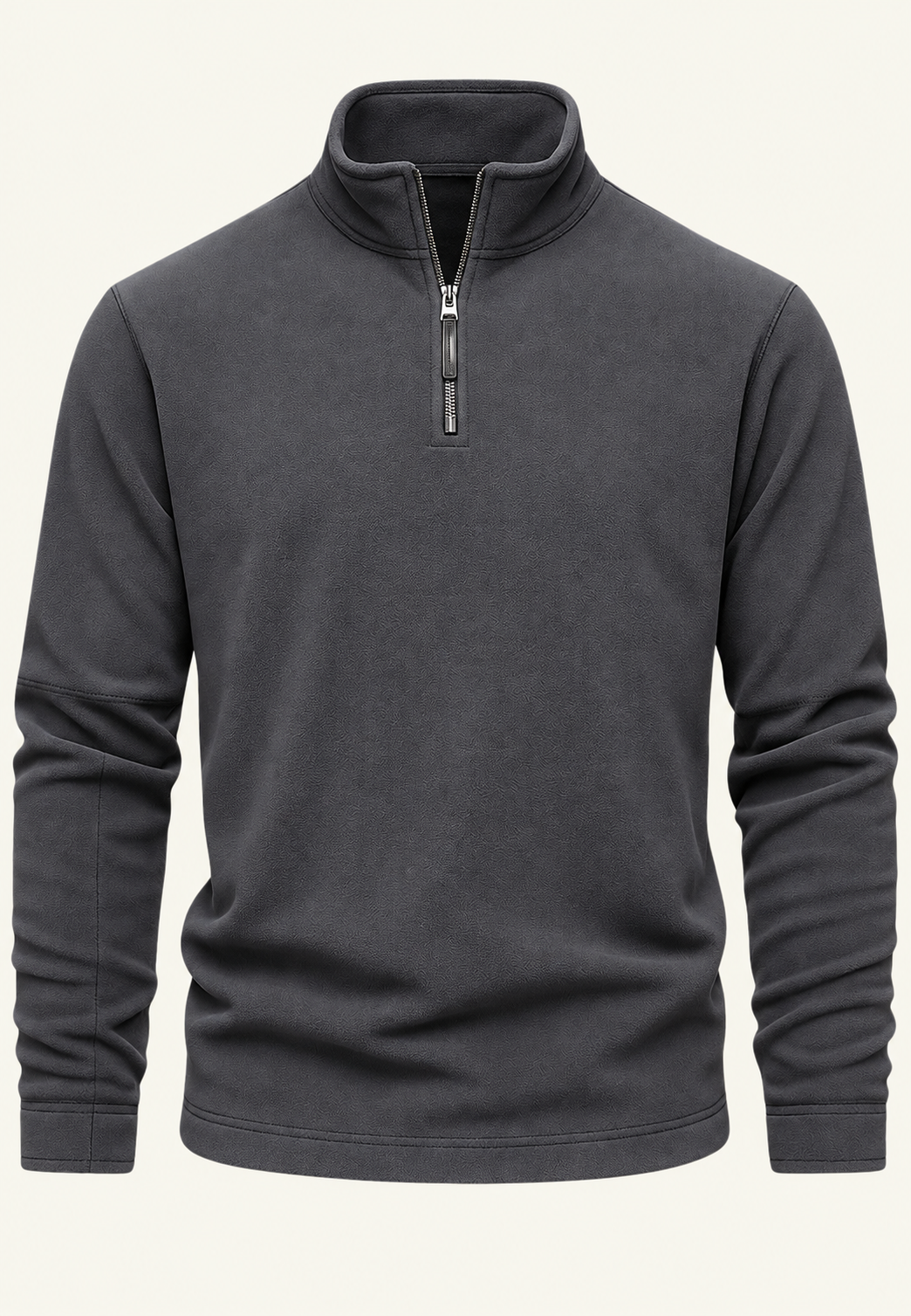 Men's long-sleeve half-zip sweatshirt with a stand collar and subtle textured finish