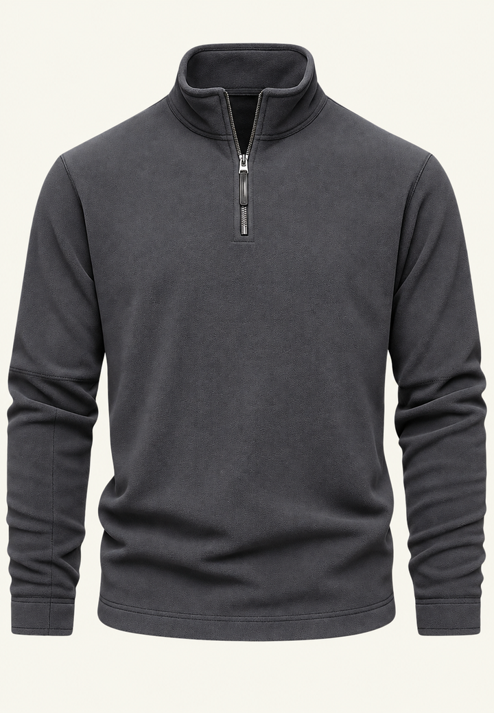 Men's long-sleeve half-zip sweatshirt with a stand collar and subtle textured finish