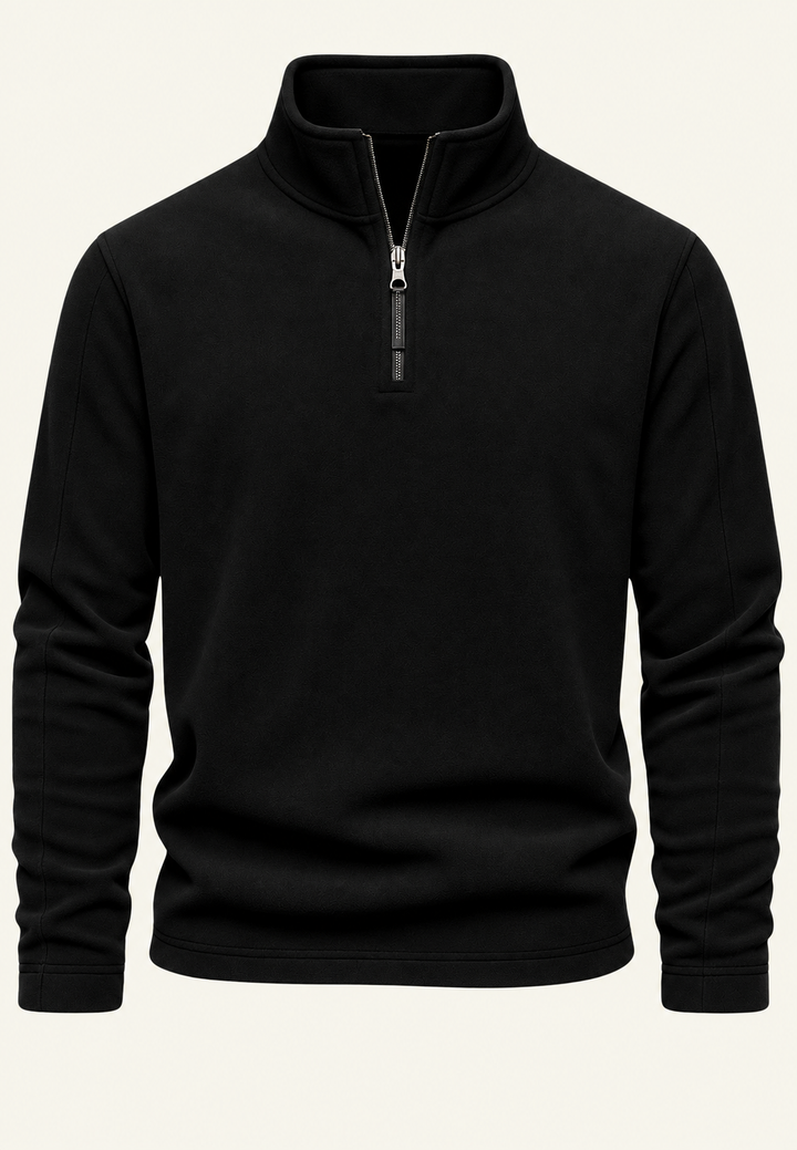 Men's long-sleeve half-zip sweatshirt with a stand collar and subtle textured finish
