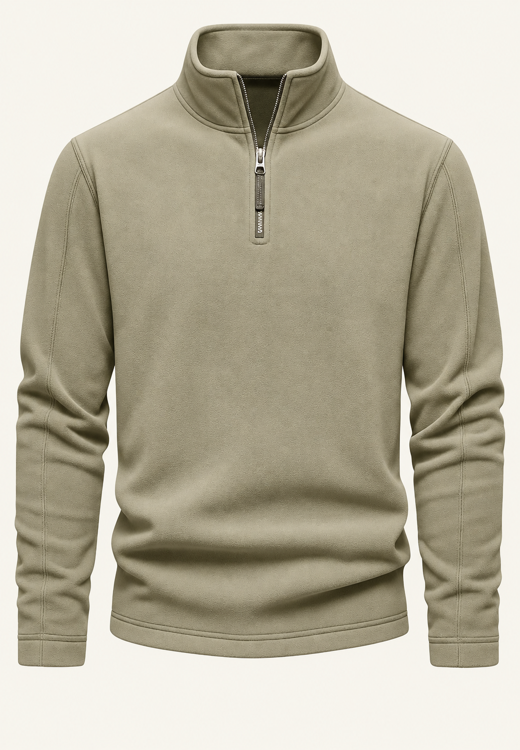 Men's long-sleeve half-zip sweatshirt with a stand collar and subtle textured finish