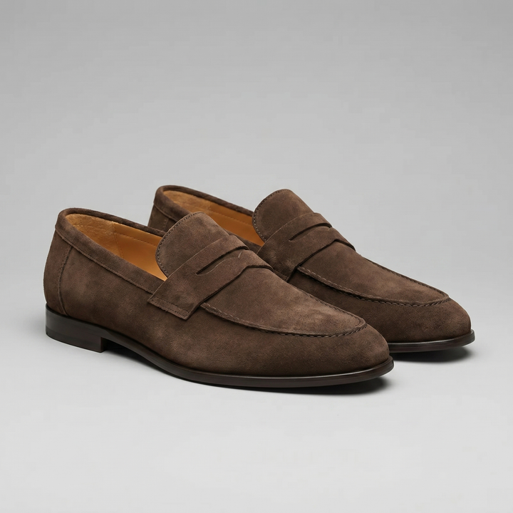 Men's suede penny loafers with round toes and low heels