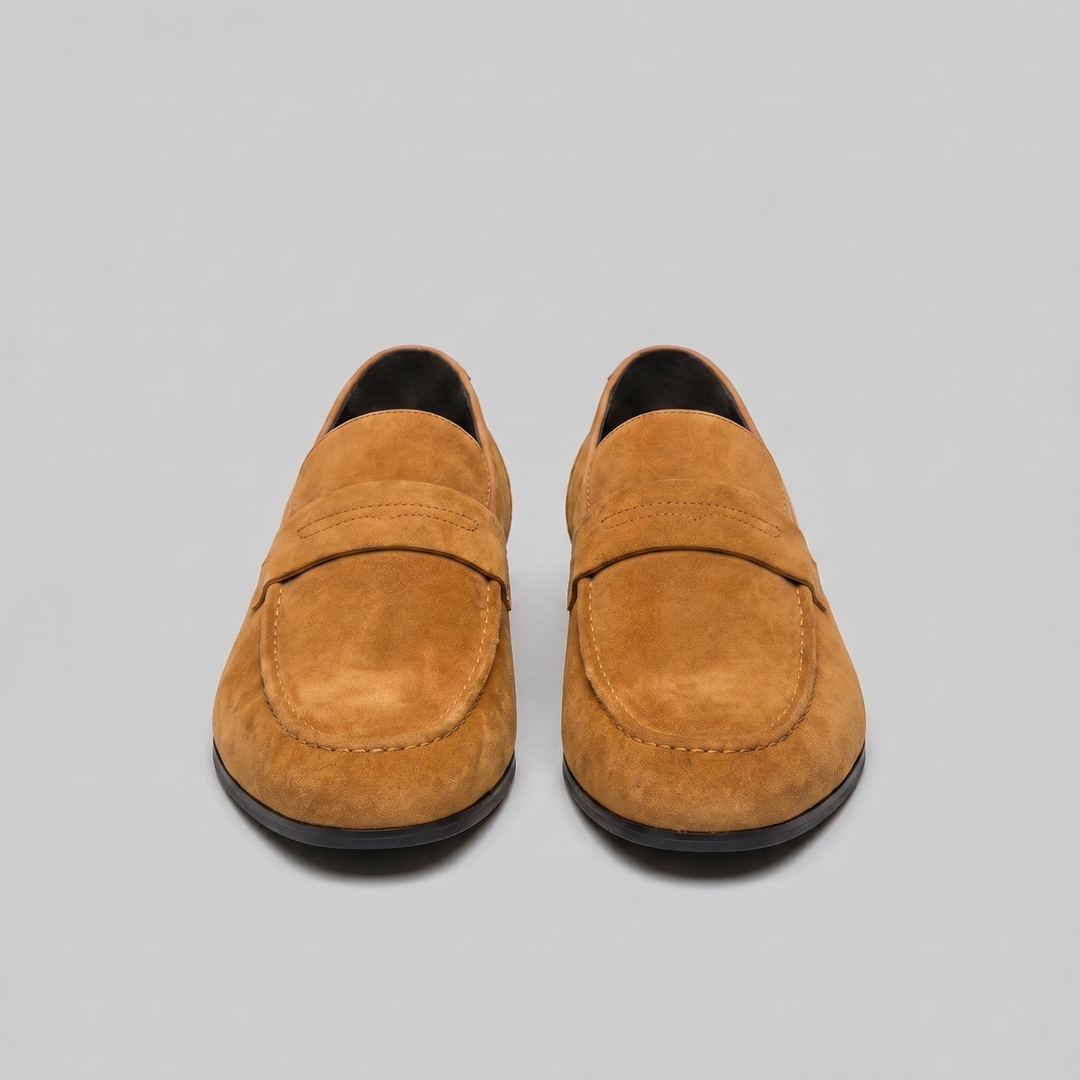 Men's suede penny loafers with round toes and low heels