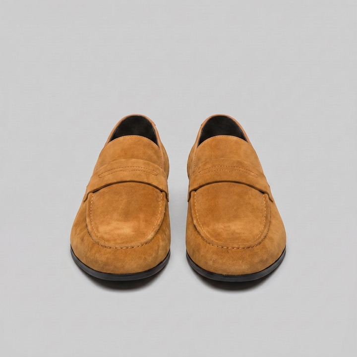 Men's suede penny loafers with round toes and low heels