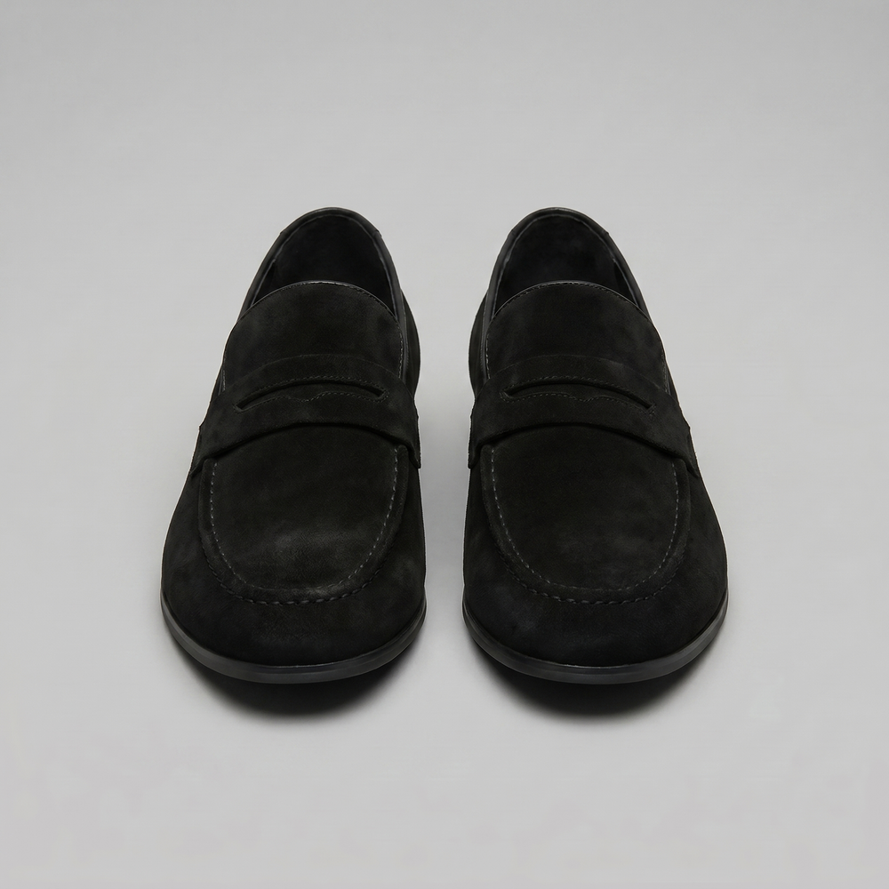 Men's suede penny loafers with round toes and low heels