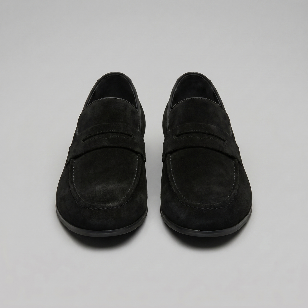 Men's suede penny loafers with round toes and low heels
