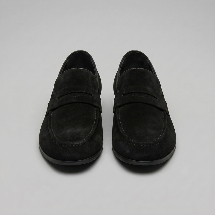 Men's suede penny loafers with round toes and low heels