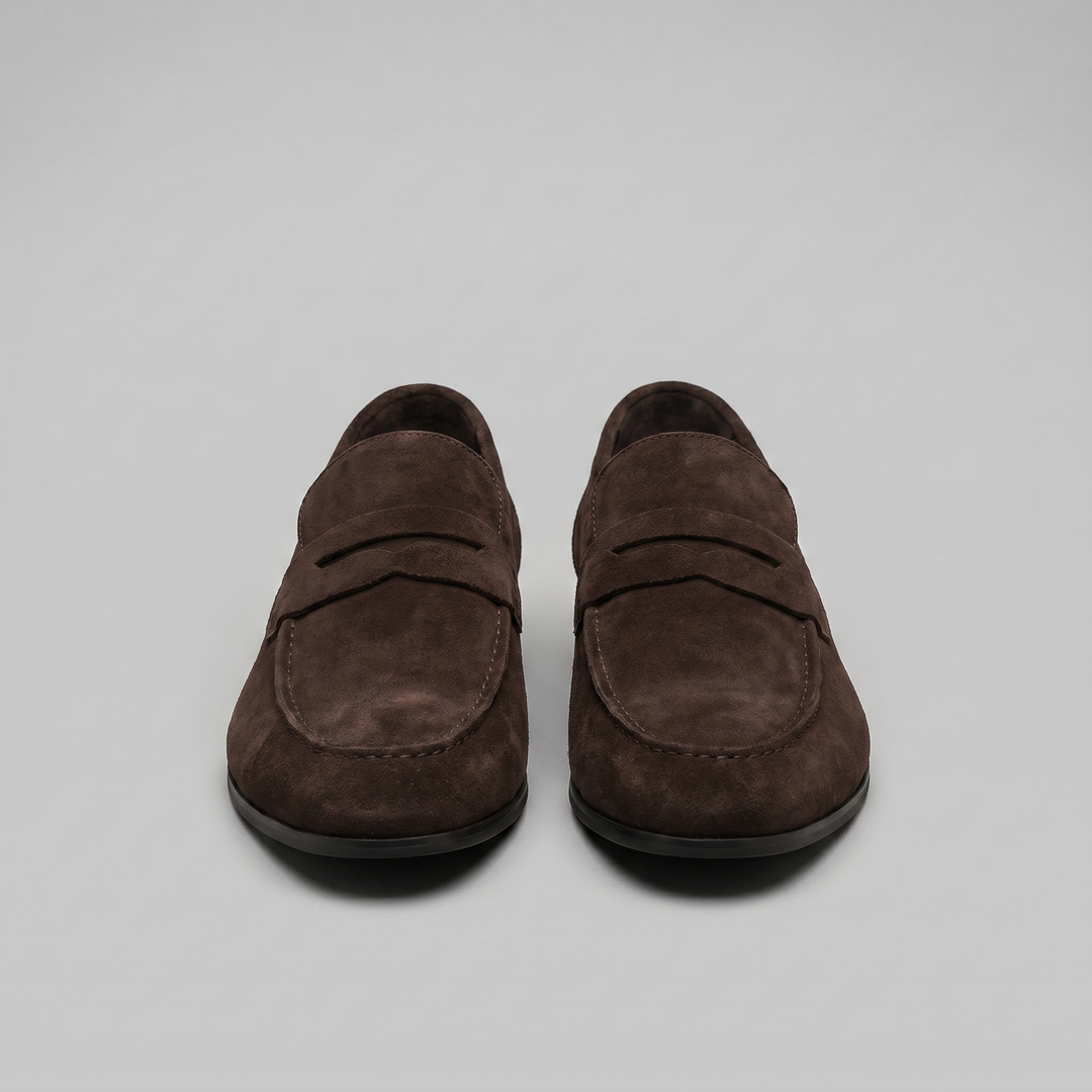 Men's suede penny loafers with round toes and low heels