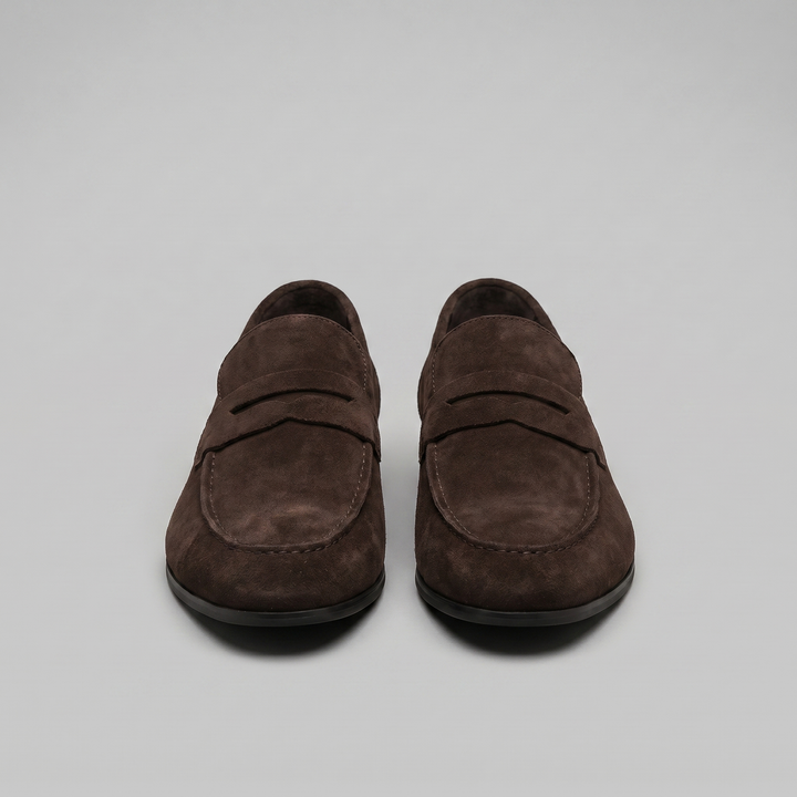 Men's suede penny loafers with round toes and low heels