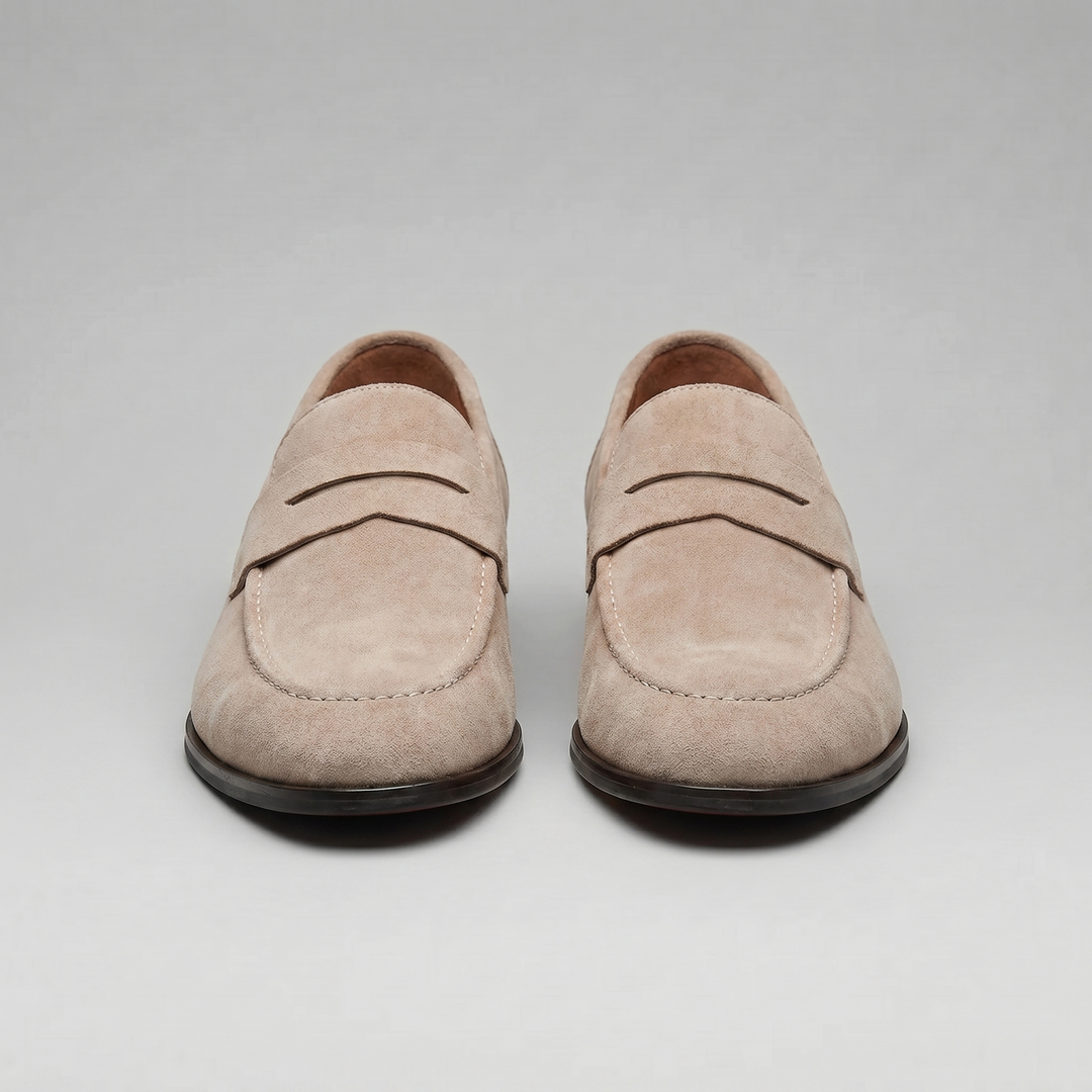 Men's suede penny loafers with round toes and low heels