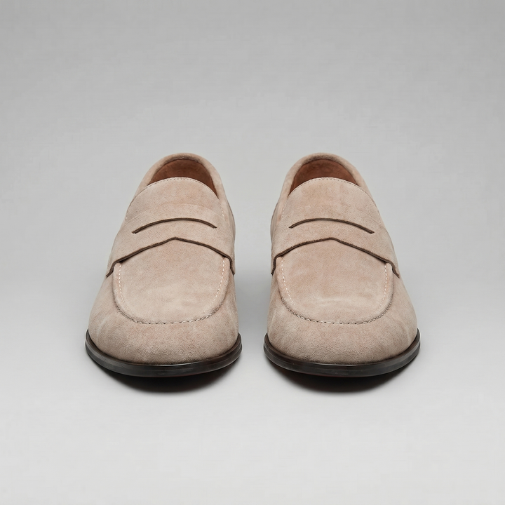 Men's suede penny loafers with round toes and low heels