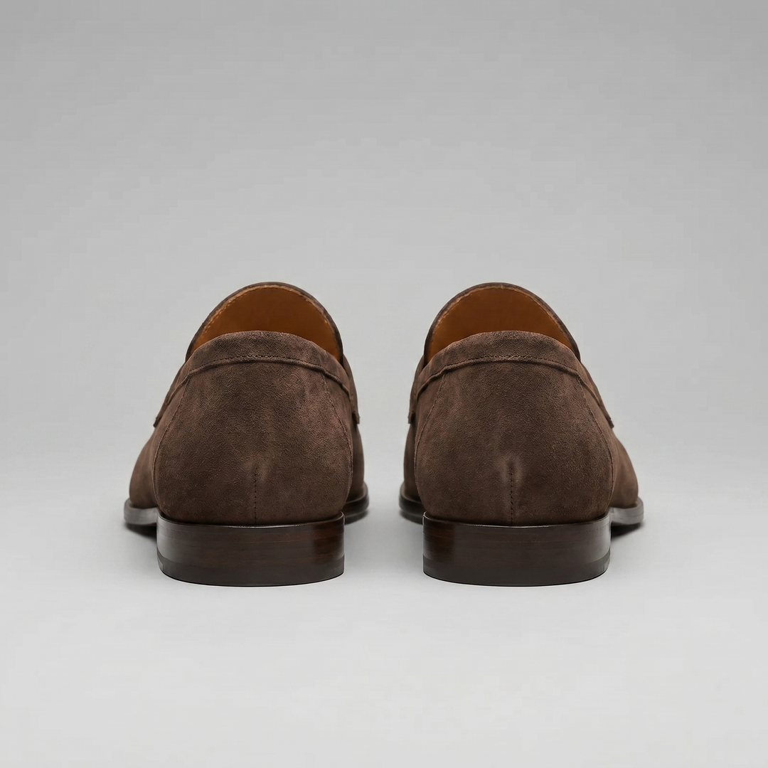 Men's suede penny loafers with round toes and low heels