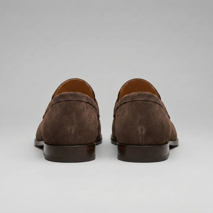 Men's suede penny loafers with round toes and low heels
