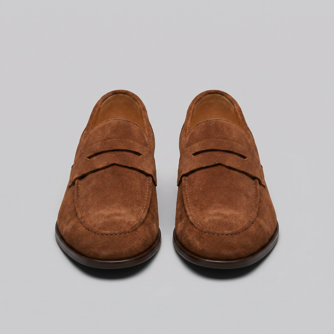 Men's suede penny loafers with round toes and low heels