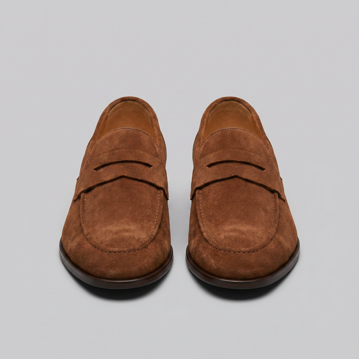Men's suede penny loafers with round toes and low heels