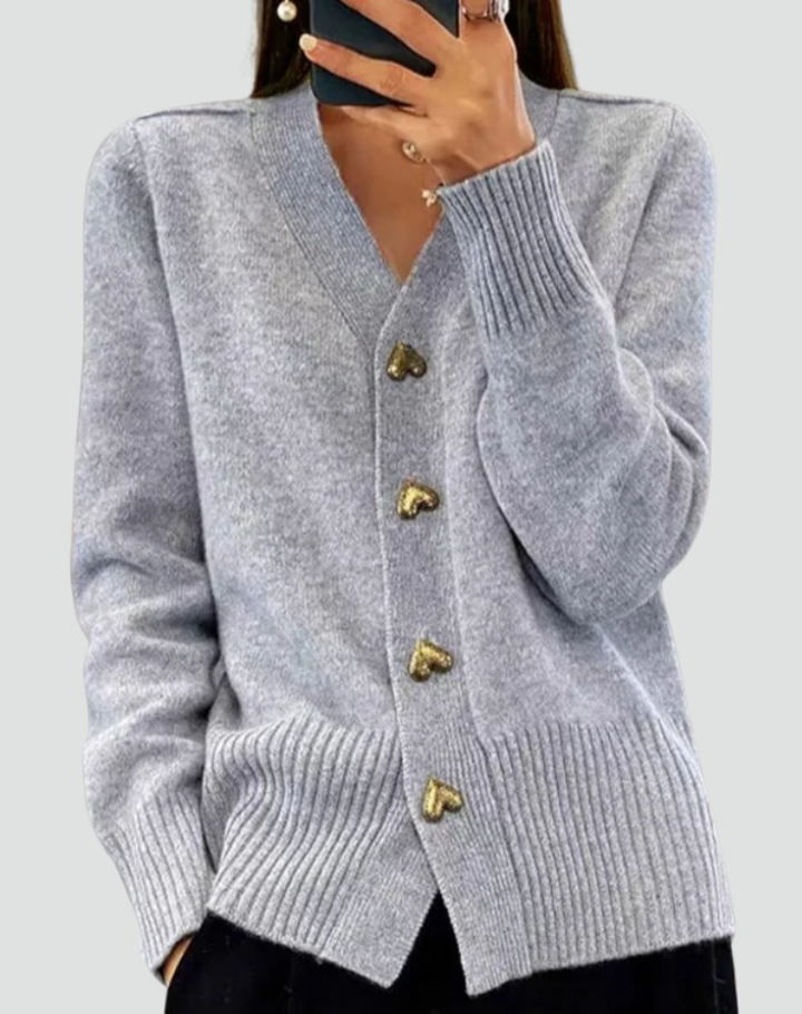 Women's V-neck knitted cardigan with heart-shaped buttons and ribbed trims
