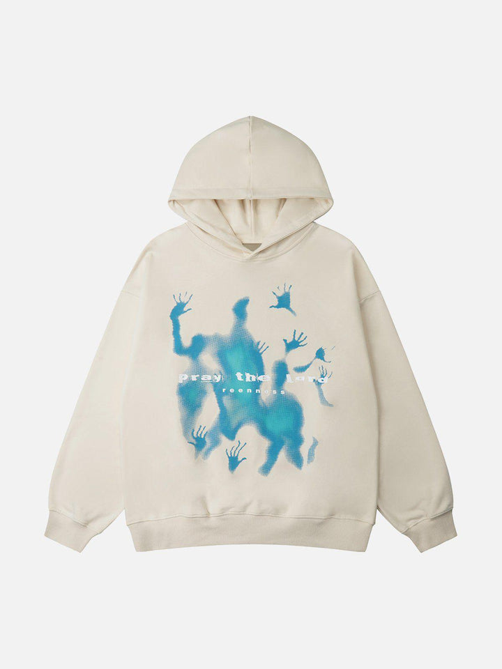Unisex hoodie with blue abstract figure print, hood and long sleeves