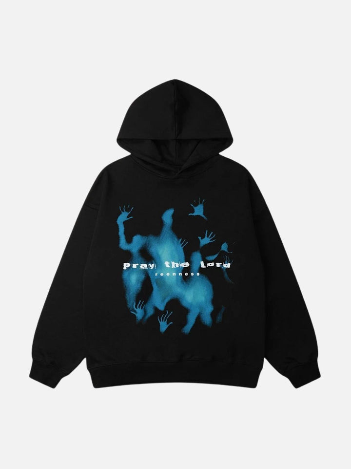 Unisex hoodie with blue abstract figure print, hood and long sleeves