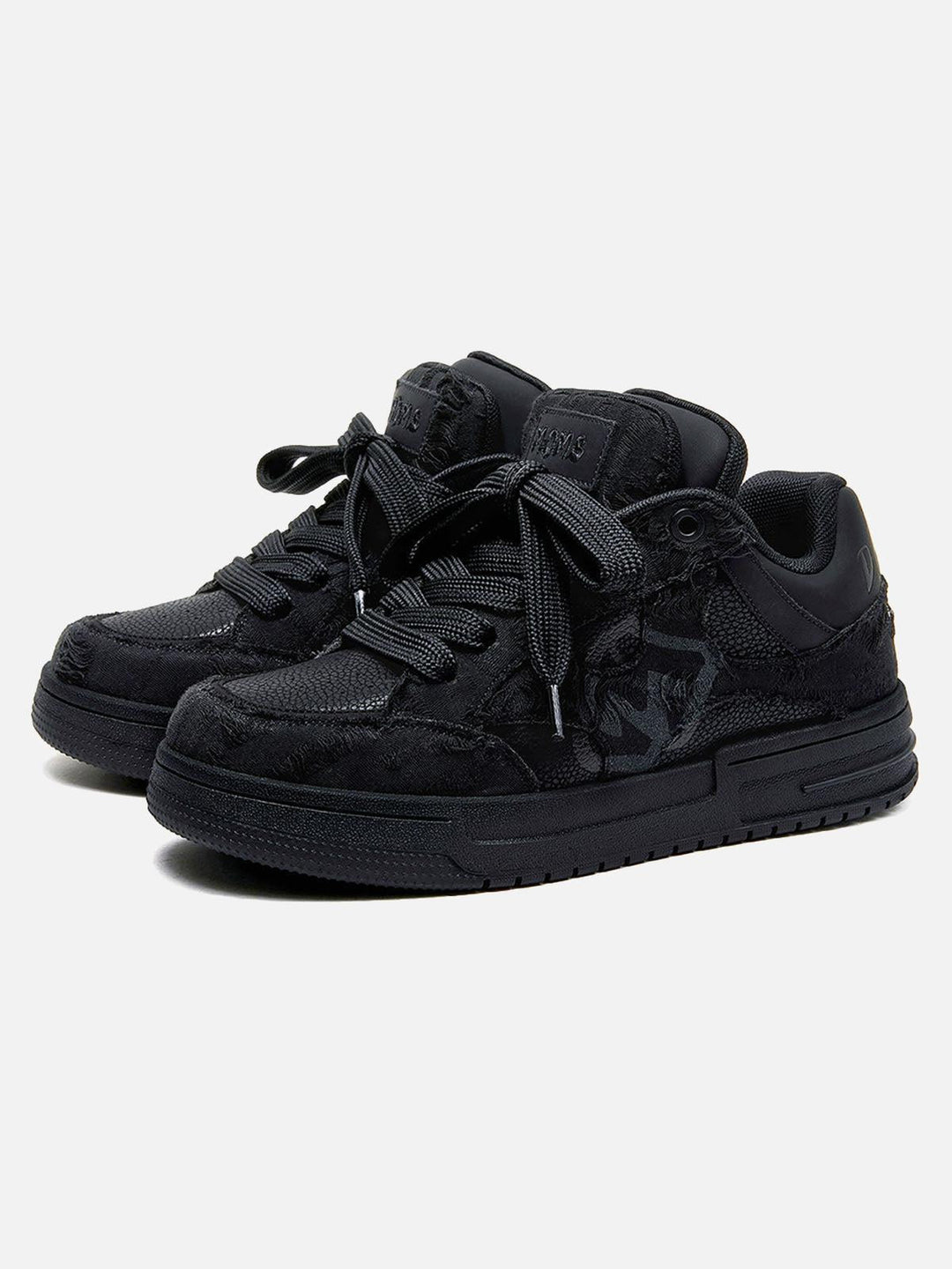 Black unisex high top trainers with lace-up fronts and camouflage panels