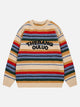 Striped crew neck jumper with long sleeves and chest text