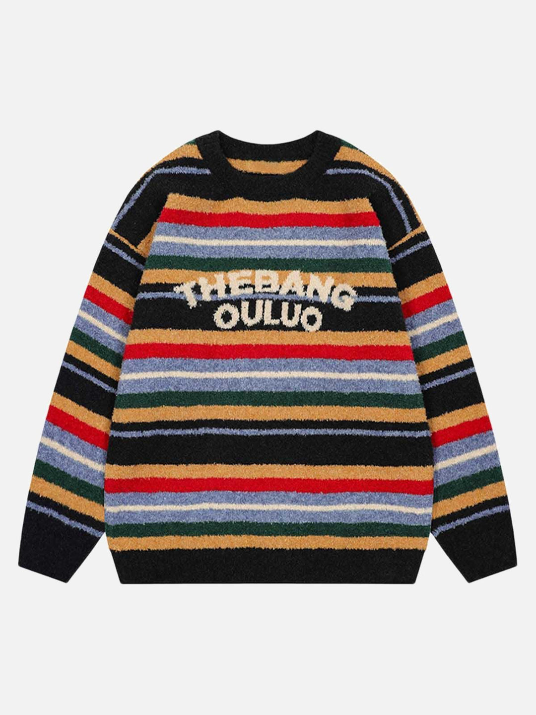 Striped crew neck jumper with long sleeves and chest text