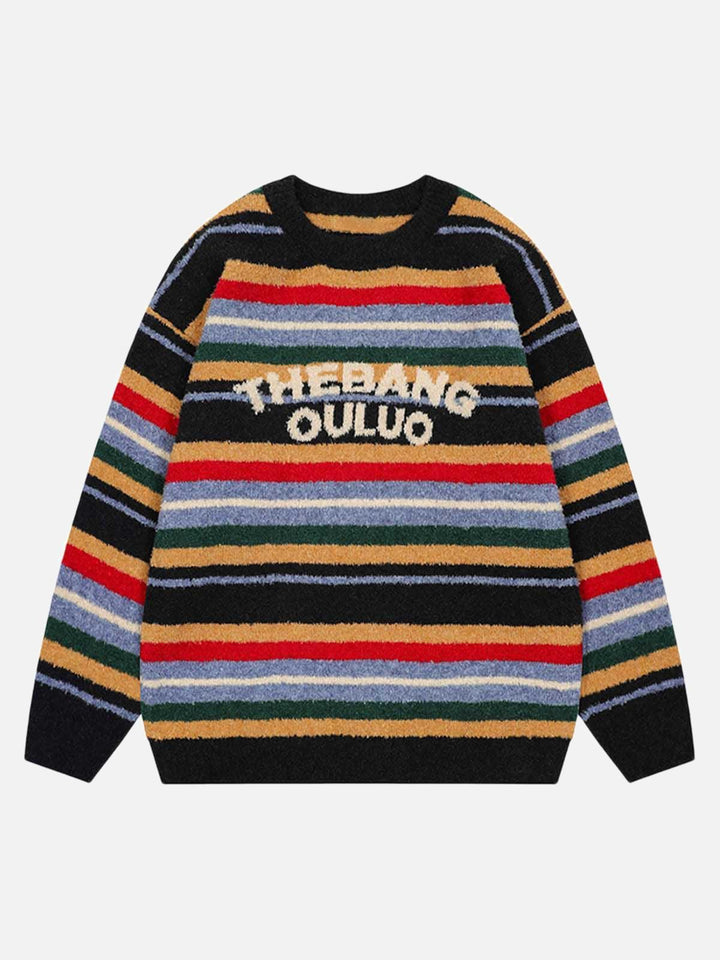 Striped crew neck jumper with long sleeves and chest text
