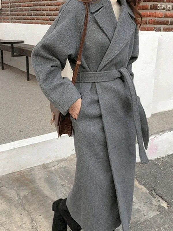 Women's long wrap coat with lapels and waist tie