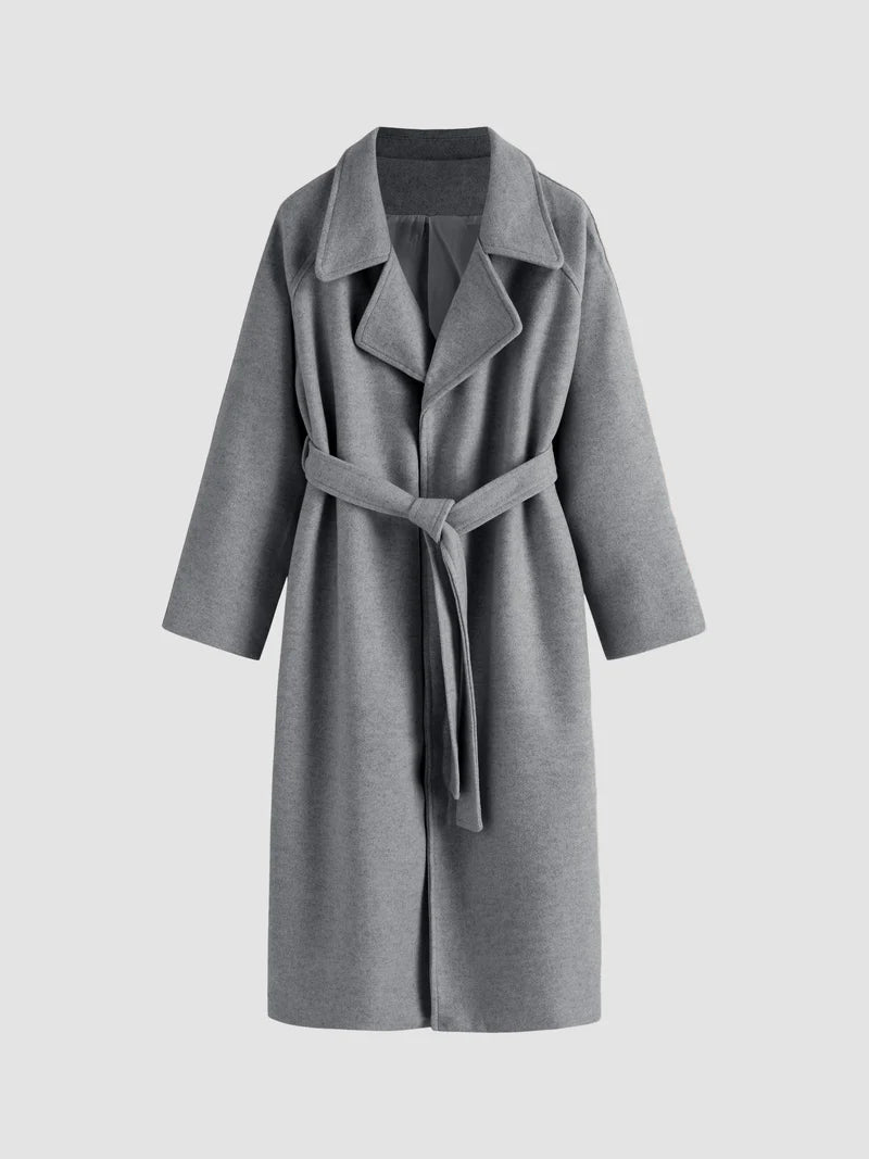Women's long wrap coat with lapels and waist tie