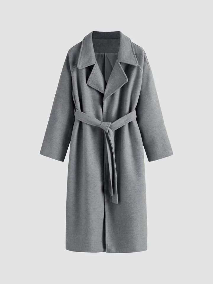 Women's long wrap coat with lapels and waist tie