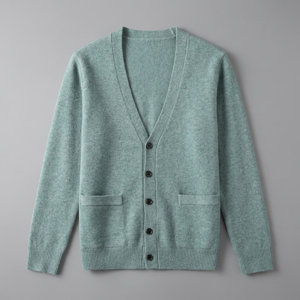Unisex V-neck cardigan with long sleeves, button front and two patch pockets