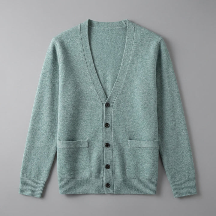 Unisex V-neck cardigan with long sleeves, button front and two patch pockets