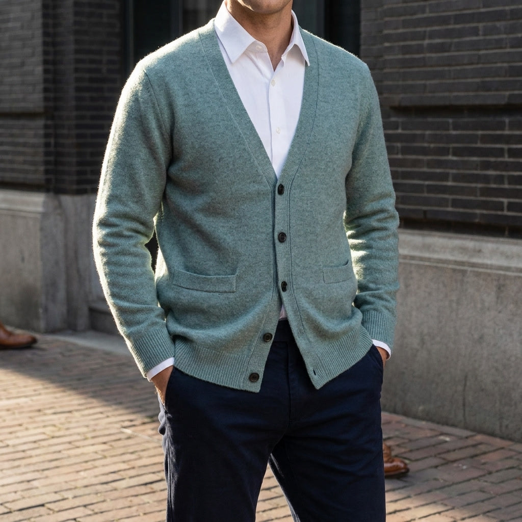 Unisex V-neck cardigan with long sleeves, button front and two patch pockets