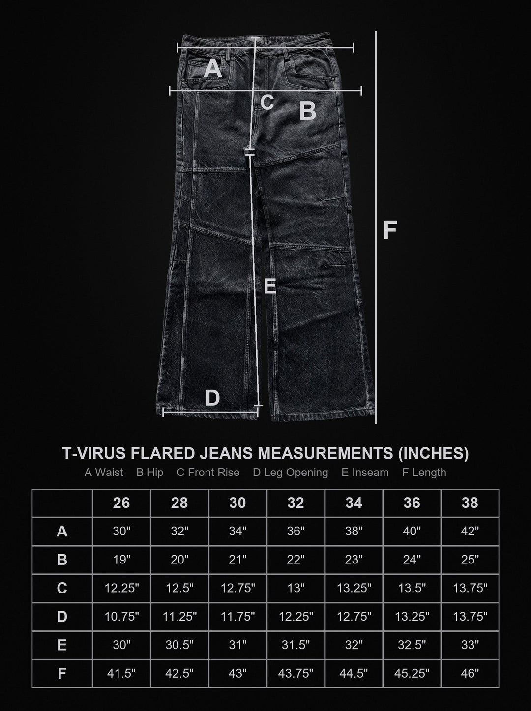 Women's dark black flared jeans with panel seams and patch pockets