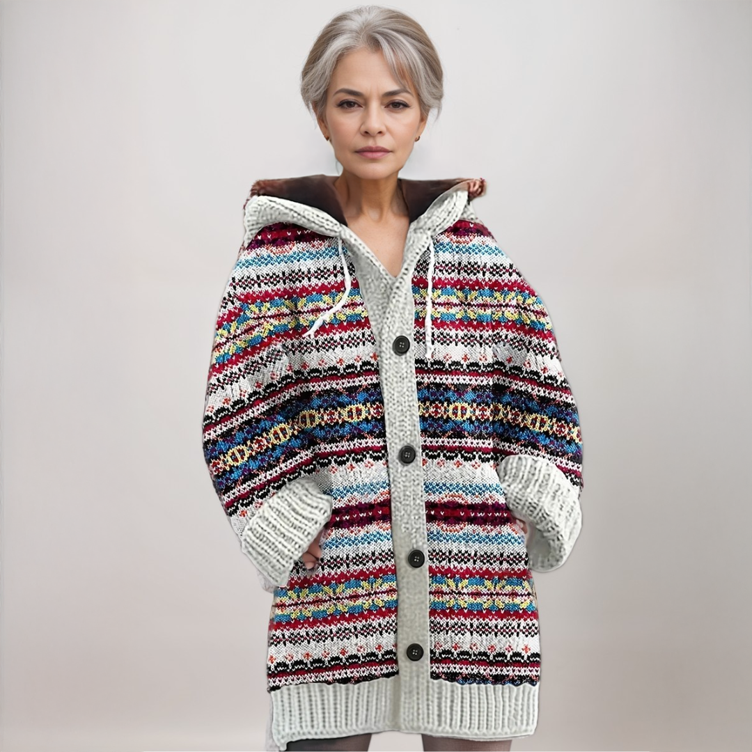 Women's multicoloured Nordic patterned hooded knit cardigan with buttons and front pockets