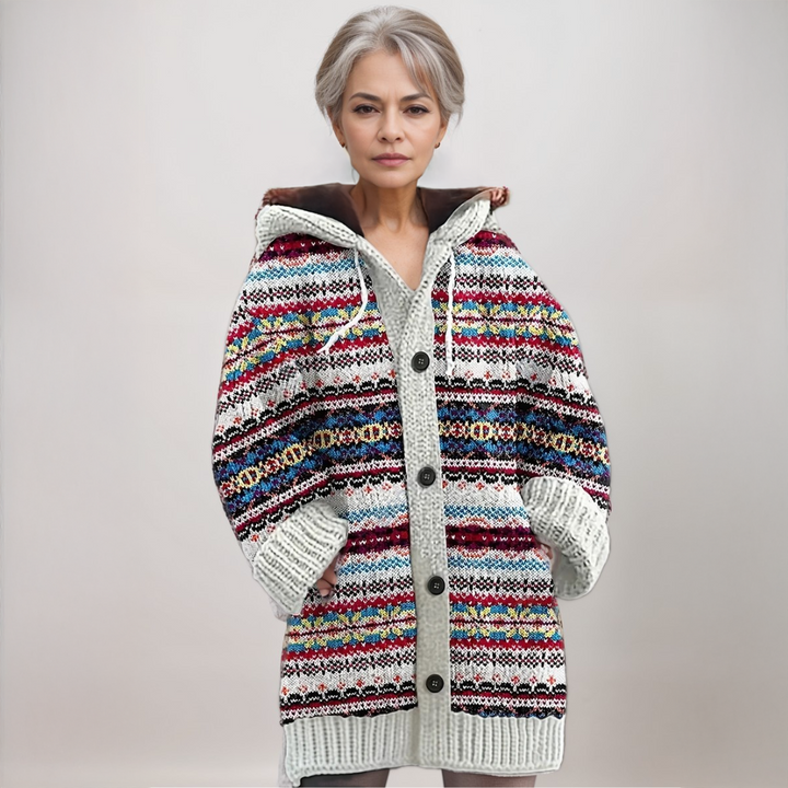Women's multicoloured Nordic patterned hooded knit cardigan with buttons and front pockets