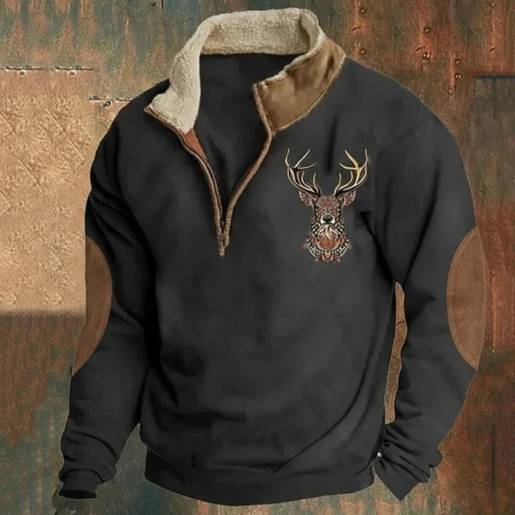 Men's quarter-zip pullover with high collar and deer embroidery