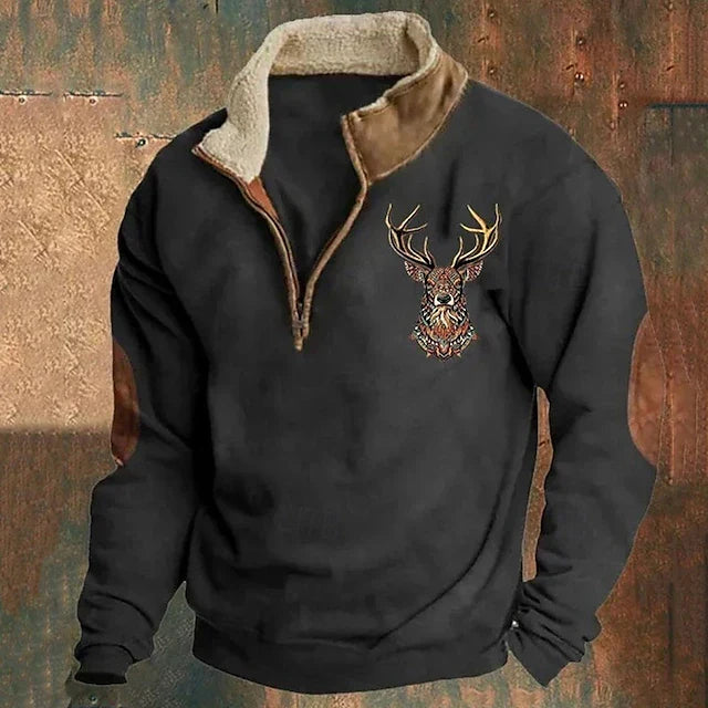 Men's quarter-zip pullover sweatshirt with embroidered deer motif and stand collar