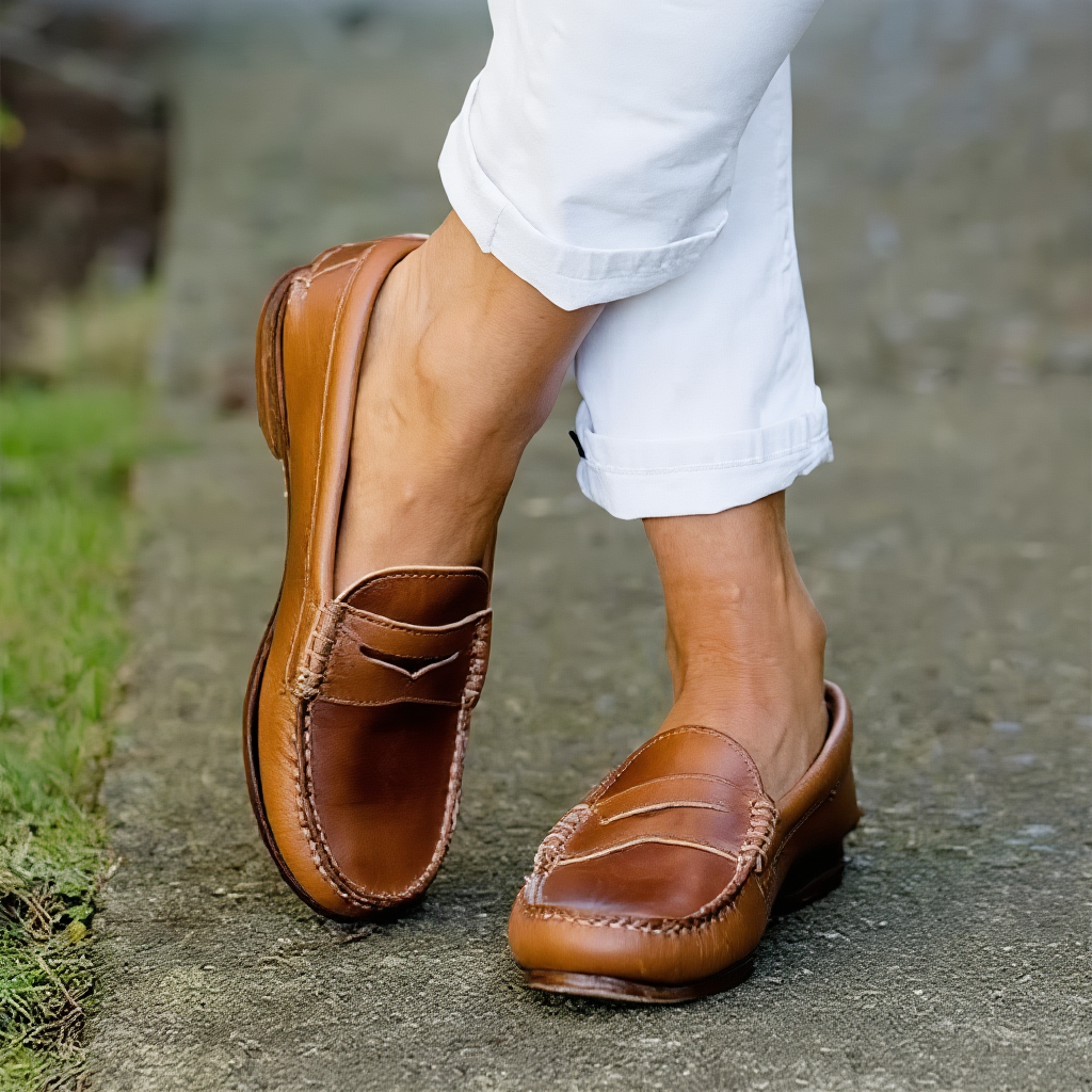 Women's slip-on loafers with moc toes, penny strap detail and low heels