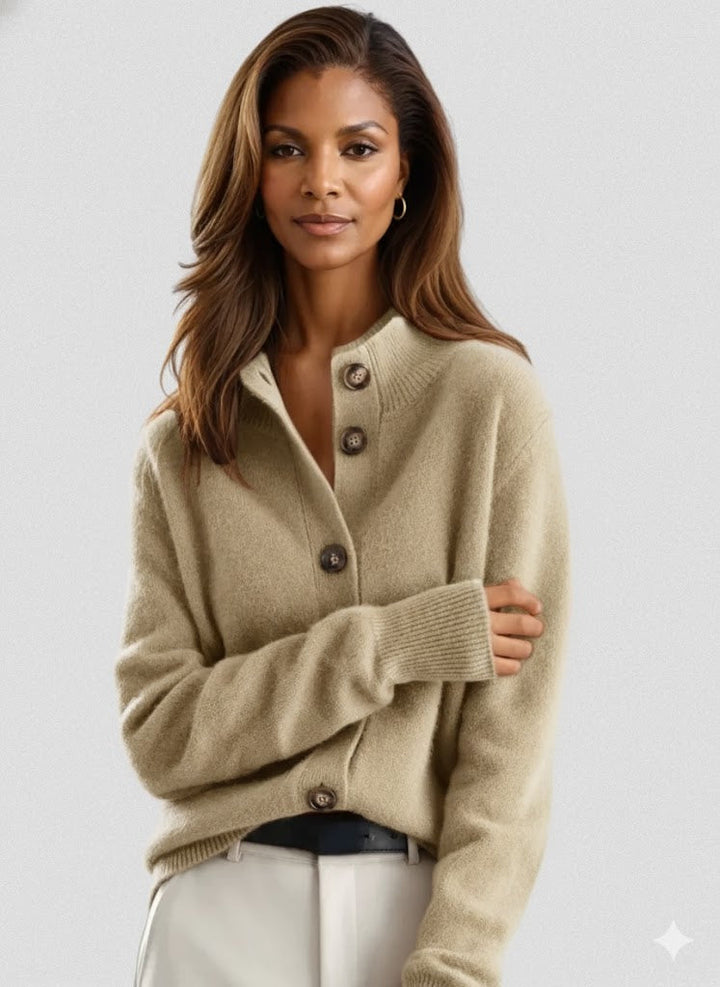 Women's button cardigan with ribbed collar, long sleeves and front buttons