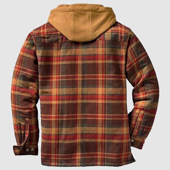 Men's plaid hooded jacket with quilted lining and chest pockets