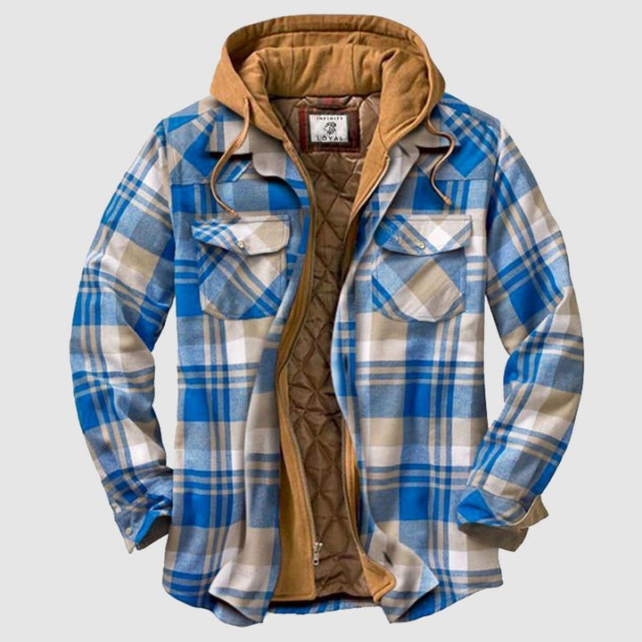 Men's plaid hooded jacket with quilted lining and chest pockets