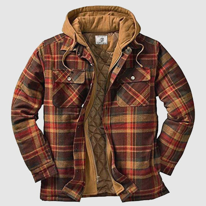 Men's plaid hooded jacket with quilted lining and chest pockets